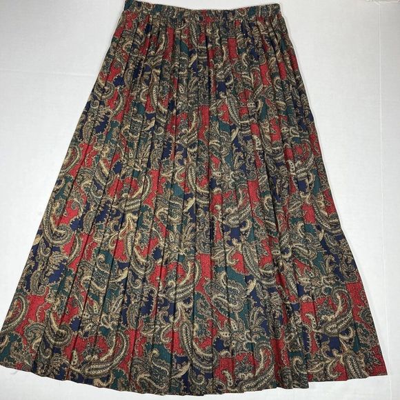 Vintage Jeffrey and Dara Midi Pleated Paisley Skirt Size 9/10 Green Red Pull On - Picture 6 of 8